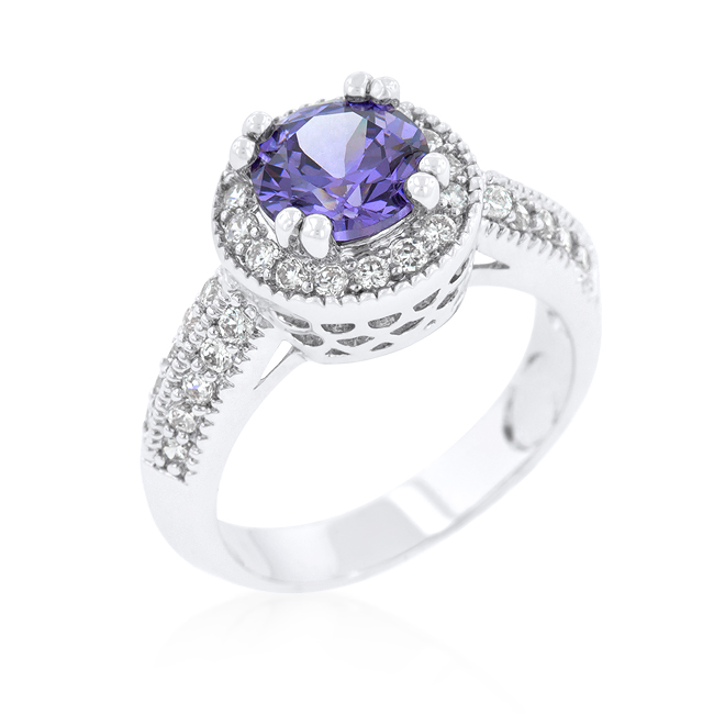 Halo Engagement Ring Round Purple CZ Prong Setting