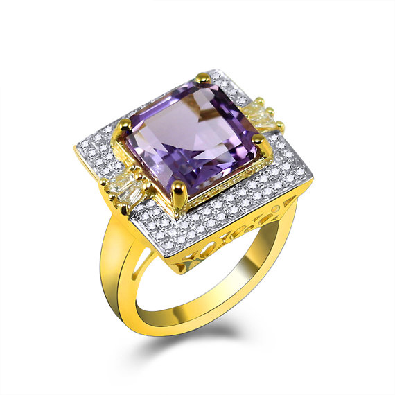 6.10 CT Princess Purple Amethyst Diamond Engagement Ring in Yellow Gold