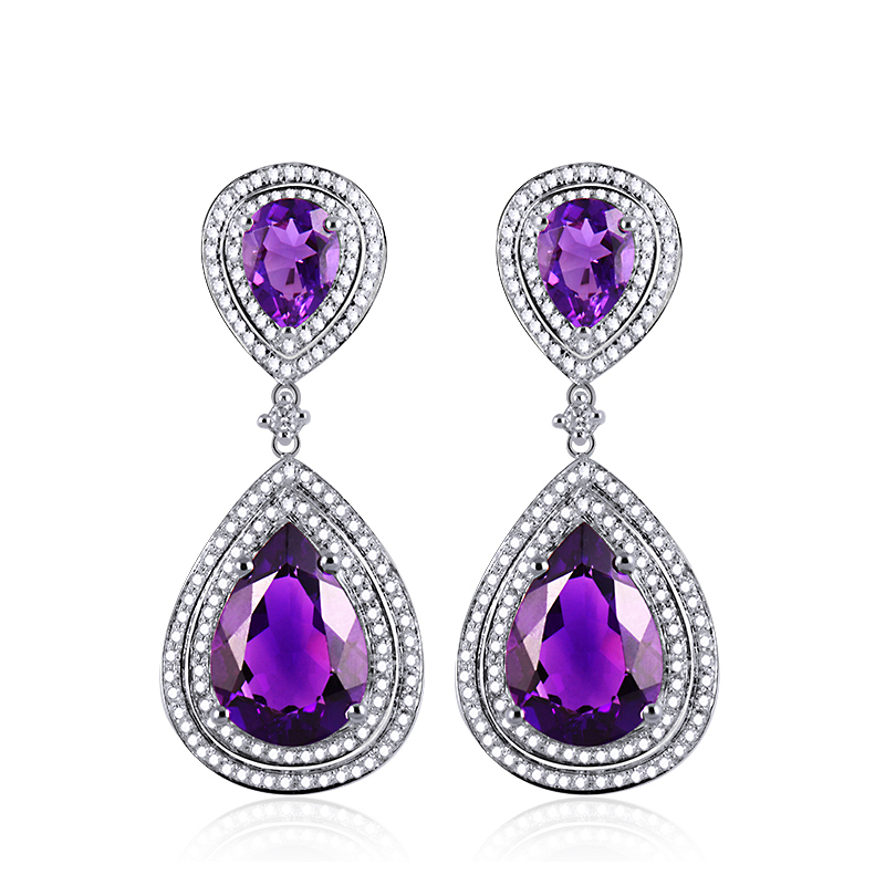16.09 CT Pear Amethyst Drop Earrings with 1.30 CT Diamond Pave