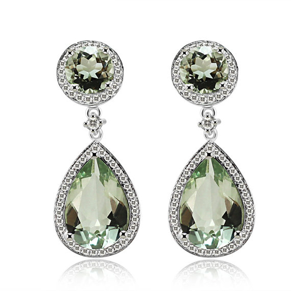 8.10 CT Natural Green Amethyst & Diamond Drop Earrings White Gold