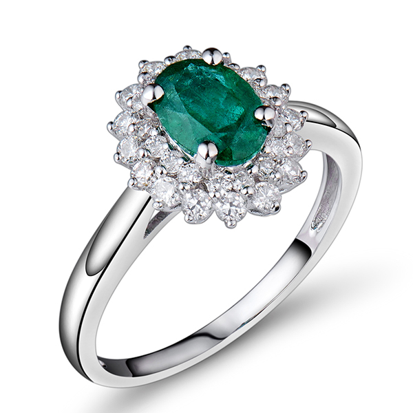 1.36 Carat Emerald Halo Engagement Ring With Diamonds 18K White Gold