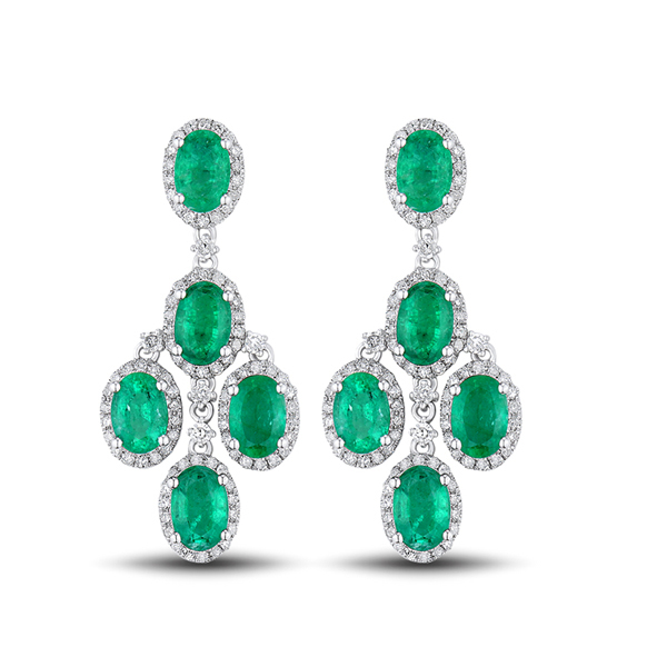 5.6 CT Exclusive Oval Emerald & Diamond Drop Earrings in 14K White Gold