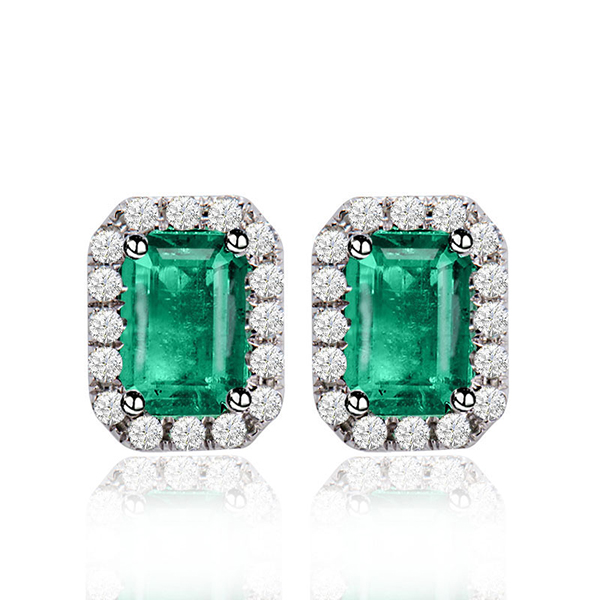 Classic Emerald Cut Earrings 14kt White Gold 0.30 CT Diamonds 2.10 CT Emerald