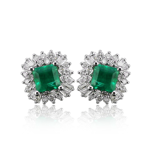 4.11 Carat Vintage Princess 6x6mm 18kt White Gold Diamond Emerald Earrings
