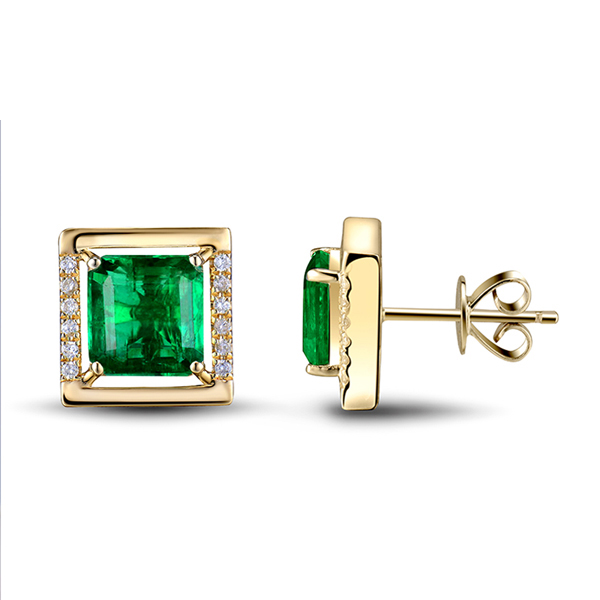 2.98 CT Princess Natural Diamond Emerald Stud Earrings Yellow Gold