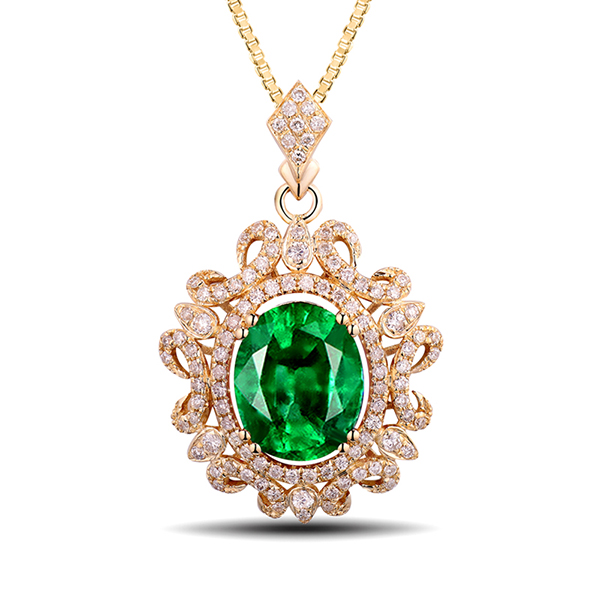 Luxury 3.66 Carat Oval Emerald Necklace with Diamond Pave Yellow Gold
