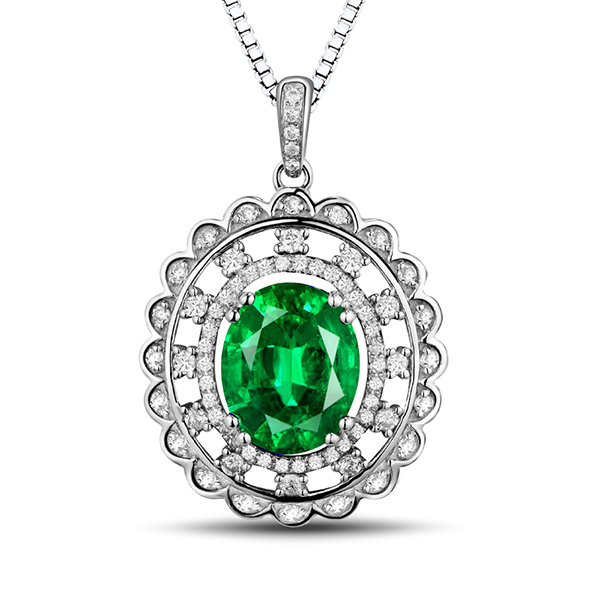 Exclusive Halo Style 2.95CT Oval Emerald & Diamond Necklace White Gold
