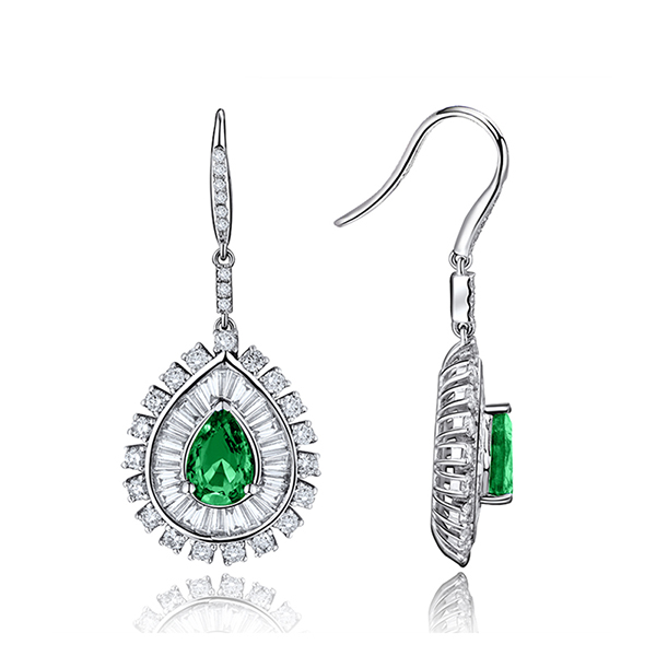 2.03 CT Pear Cut Emerald Drop Earrings 2.40 CT Brilliant Diamonds White Gold