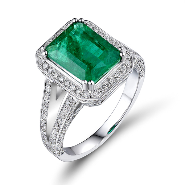 3.25 CT Split Shank 8x10mm Emerald Engagement Ring 1.16 CT Brilliant Diamonds