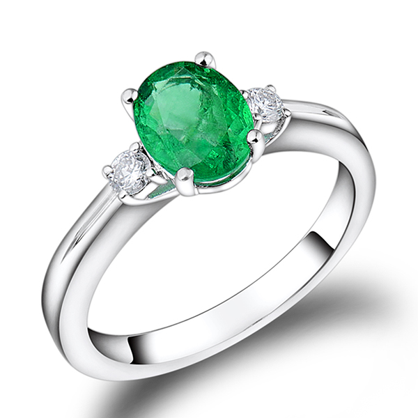 Gorgeous 1.27 CT Oval Cut Emerald Engagement Ring 0.16CT Diamond Side Stones