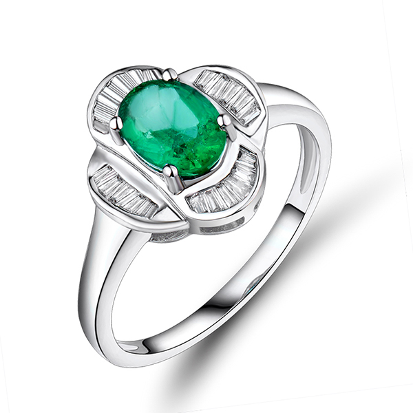 Contemporary 0.97 CT Oval Cut Emerald & Genuine Diamond Engagement Ring