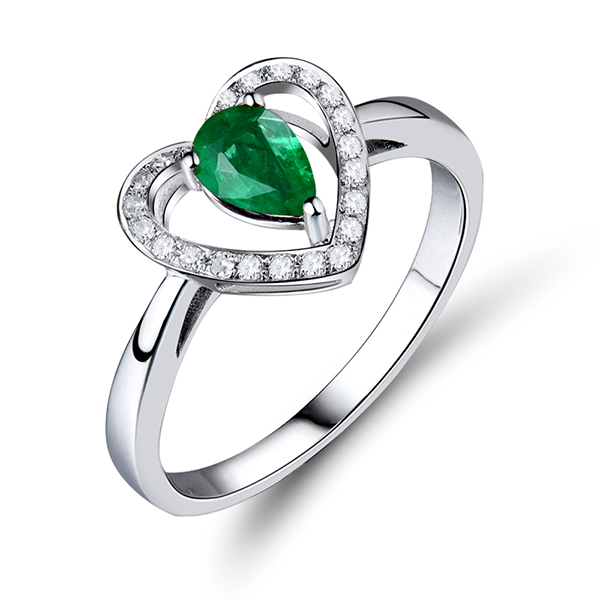 0.70CT Natural Emerald & Diamond Heart Engagement Ring 18K White Gold