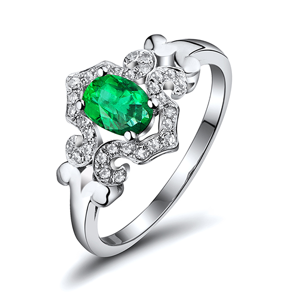 0.86 CT Emerald & Diamond Vintage Engagement Ring 18K White Gold
