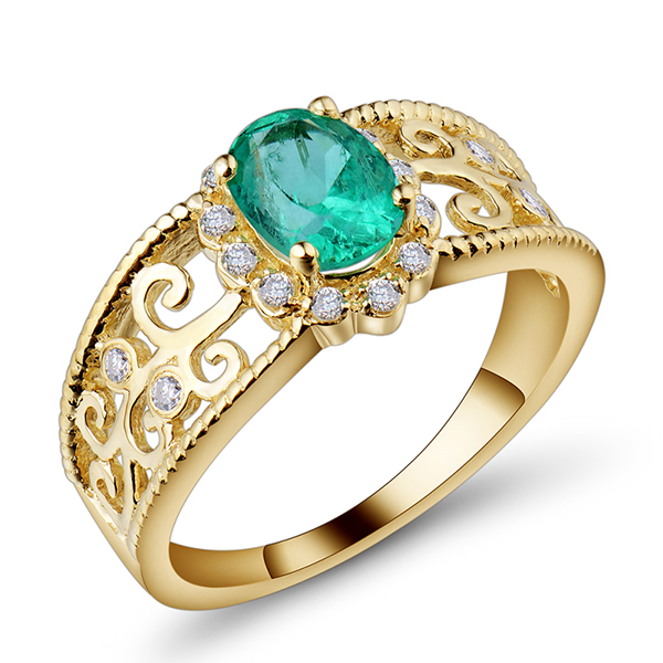 Antique Filigree 0.96 CT Oval Emerald Engagement Ring In 14K Yellow Gold