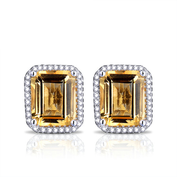 Vintage Emerald Cut 6.72 Citrine & Diamond Gemstone Earrings