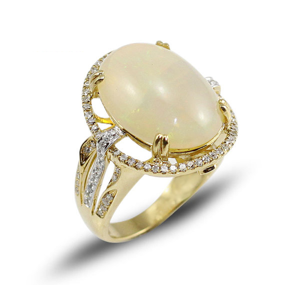 7.05 CT Oval Opal Gemstone Ring with 0.62 CT Diamonds Yellow Gold
