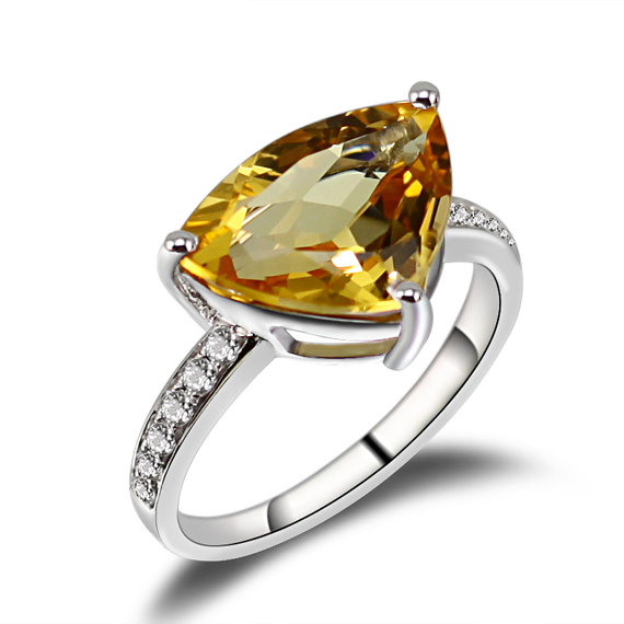 4.13 CT Trillion Citrine & Diamond Gmestone Ring 18k White Gold