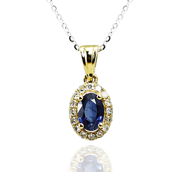 Vintage 0.97 CT Oval Sapphire Diamond Necklace 18K Yellow Gold