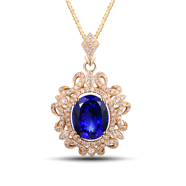 Exquisite Royal 3.05 Carat Oval Tanzanite Diamond Necklace 14K Yellow Gold