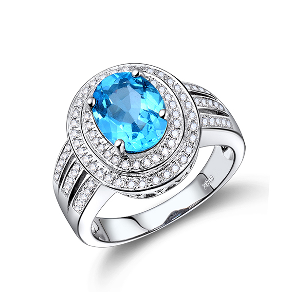 Royal Halo 3.96 CT Oval Blue Topaz Engagement Ring with 0.68 CT Diamond Pave