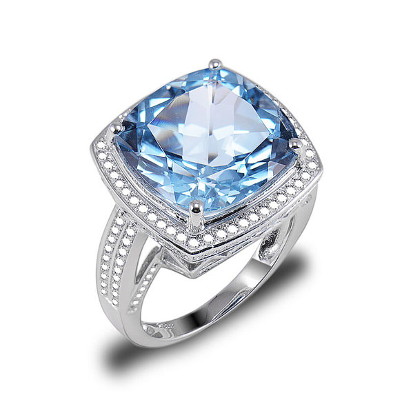 10.23 CT Cushion Cut Topaz Bridal Ring with Diamonds in 14K White Gold