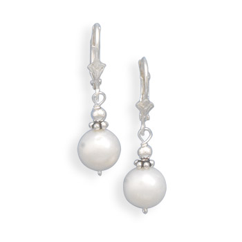 White Cultured Freshwater Pearl with Bali Bead Lever Earrings
