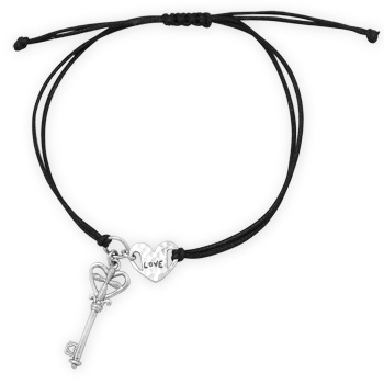 Adjustable Cord Bracelet with Heart and Key Charm