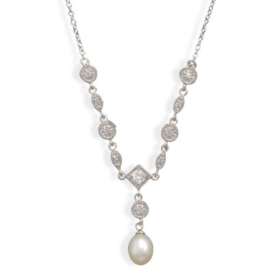 16" Rhodium Plated Cultured Freshwater Pearl & Marquise/Round CZ Necklace