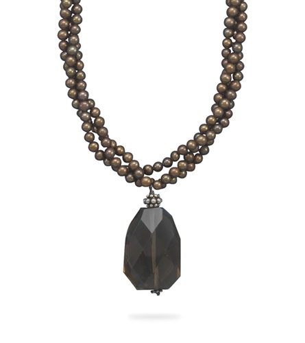 16.5"+2" Triple Strand Cultured Freshwater Pearl and Smoky Quartz Necklace