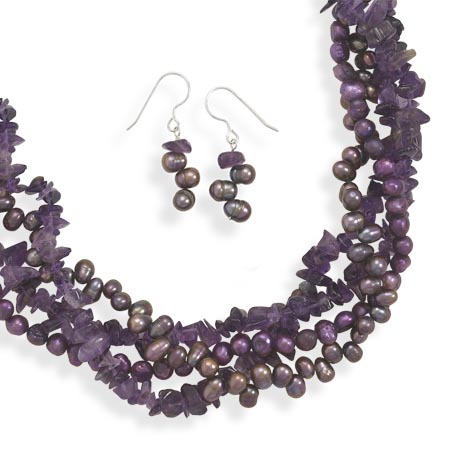 Amethyst and Cultured Freshwater Pearl Necklace and Earring Set