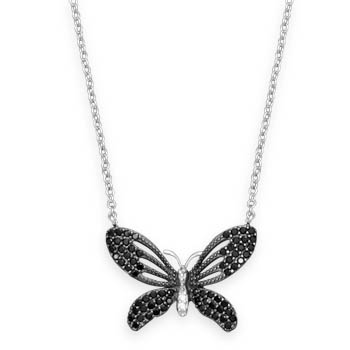 16" Rhodium Plated Black CZ Butterfly Necklace
