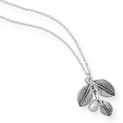 16" Oxidized Leaf Necklace with Cultured Freshwater Pearl