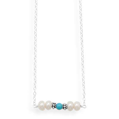 16" Handmade Necklace with Turquoise And Pearl Bar