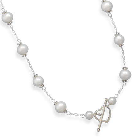 16" White Cultured Freshwater Pearl Heart Toggle Necklace