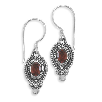 Oval Faceted Garnet Oxidized Edge Earrings on French Wire