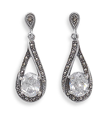 Marcasite Post Earrings with Oval CZ Drop
