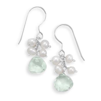 Green Amethyst and Cultured Freshwater Pearl French Wire Earrings