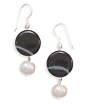 Banded Black Onyx and White Cultured Freshwater Pearl French Wire Earrings