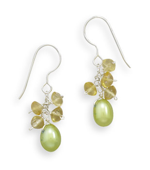 Green Cultured Freshwater Pearl and Citrine French Wire Earrings