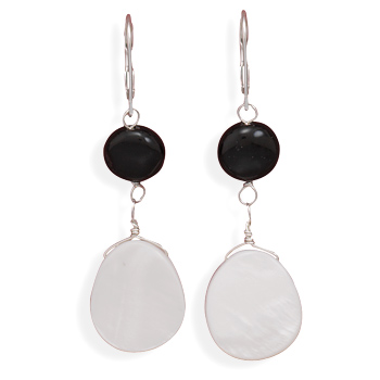 Black Onyx Coin Bead and Shell Lever Back Earrings