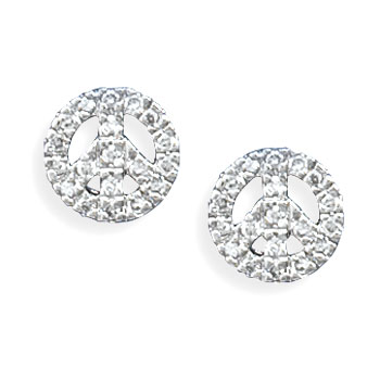 Rhodium Plated CZ Peace Sign Earrings