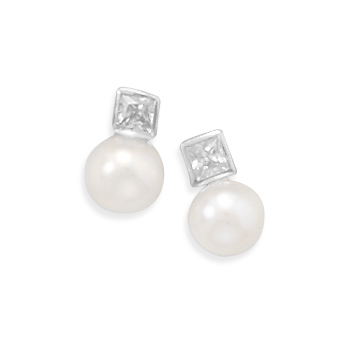 CZ and White Cultured Freshwater Pearl Post Earrings