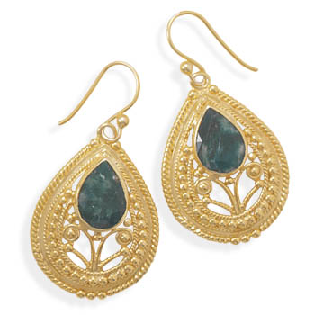 Ornate 14 Karat Gold Plated Rough-Cut Emerald Earrings