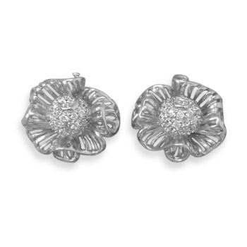 Rhodium Plated CZ Flower Earrings