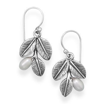 Oxidized Leaf Earrings with Cultured Freshwater Pearls