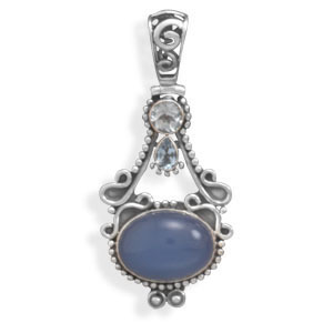 Oxidized Pendant with Blue Topaz and Chalcedony
