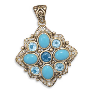 Bronze Pendant with Blue Topaz and Turquoise