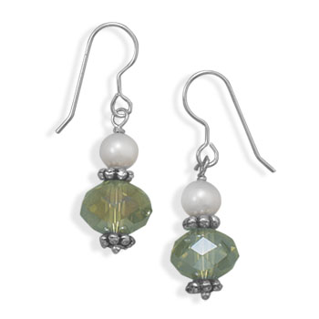 Cultured Freshwater Pearl and Green Crystal Fashion Earrings