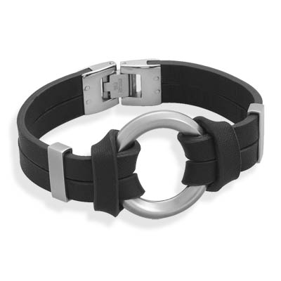 8" Black Leather Bracelet with Center Circle Design