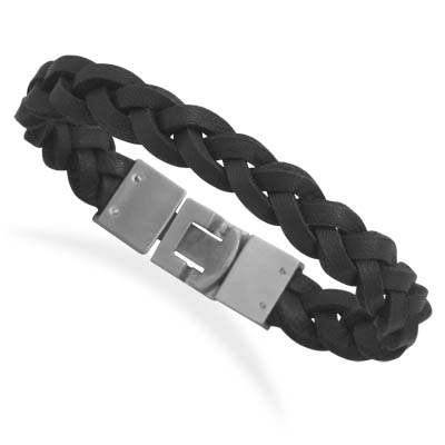 8.5" Braided Black Leather Bracelet with Stainless Steel Closure
